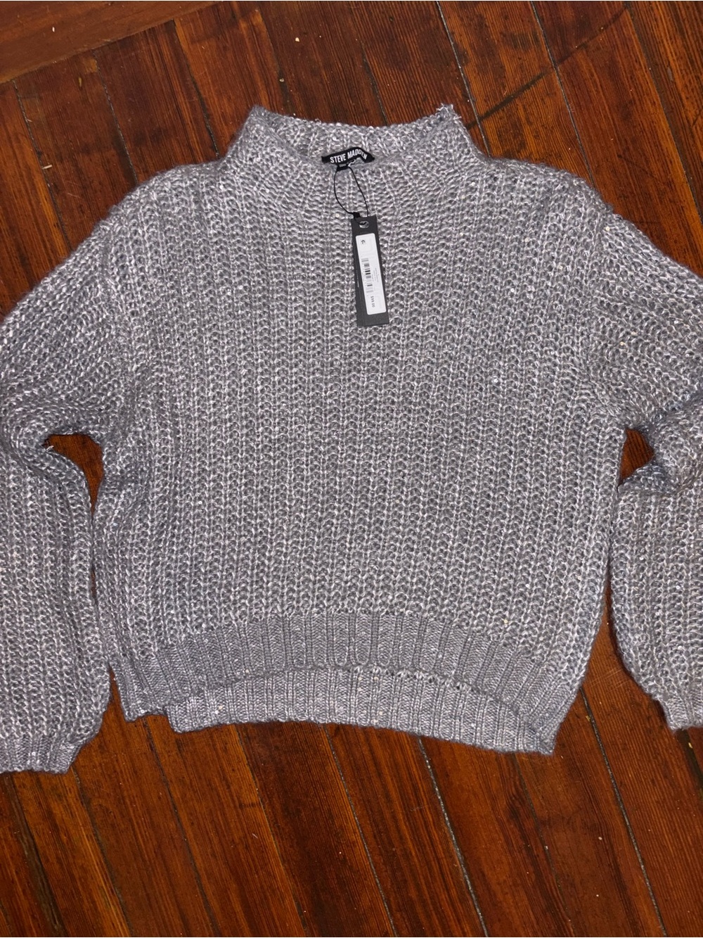 Steve Madden Silver-Gray Mock Neck Chunky Knit Sweater